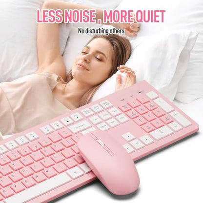 Wireless Silent Keyboard and Mouse Combo, Ultra-Slim Sleek Design Full-Sized Wireless Keyboard and Adjustable DPI Mouse, 2.4GHz USB Receiver for PC, Windows, MAC, Desktop, Laptop (Pink)