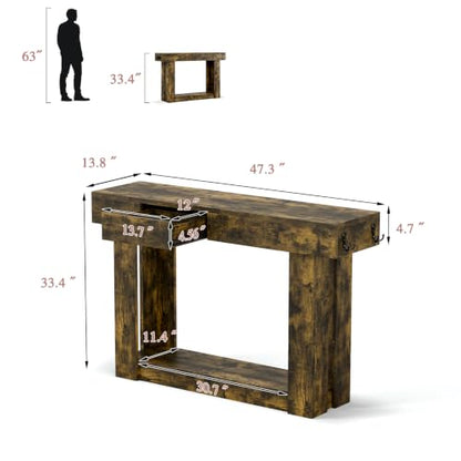 47'' Console Table with 3 Drawers and Open Storage, Entryway Table with Socket, LED Light and Hooks, Narrow Long Wood Sofa Table Behind Couch Table for Living Room, Hallway, Foyer, Brown - size: 47'' IN