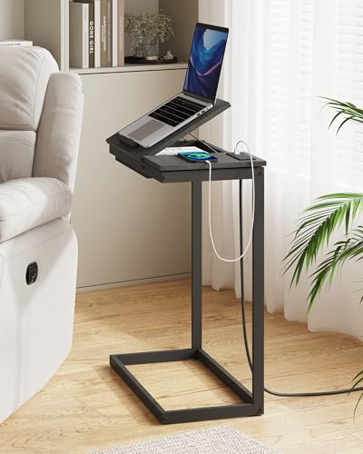 TUTOTAK Large C Shaped End Table, Side Table with Charging Station C Table | Tilting Laptop Stand with Storage, Computer Couch table for Living Room, Bedroom, Black TB01BK090 - color: Black, style: Plug