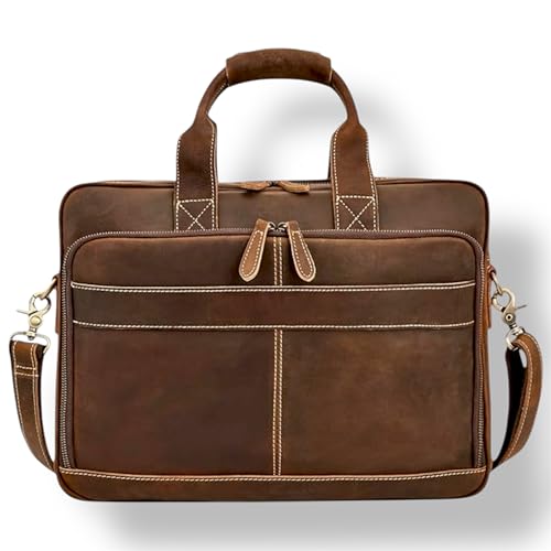 Hindoro 16 Inch Full Grain Leather Laptop Messenger Briefcase Bag for Men - Leather Satchel for Business Travel and Office Crossbody Shoulder Bag - Brown