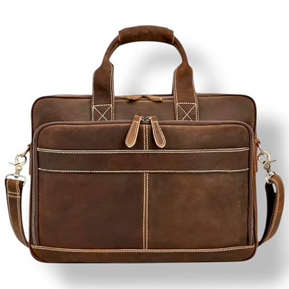 Hindoro 16 Inch Full Grain Leather Laptop Messenger Briefcase Bag for Men - Leather Satchel for Business Travel and Office Crossbody Shoulder Bag - Brown