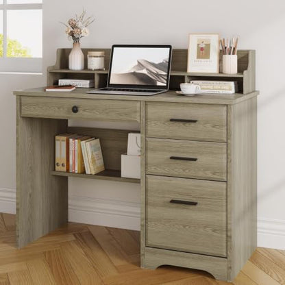 4 EVER WINNER Computer Desk with Drawers, Small Desk with Monitor Stand and File Drawer, Wood Desk with Storage, Writing Desk for Bedroom Home Offic, Grey - color: Grey