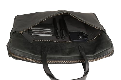 KomalC Leather Laptop Sleeve 15.5" with Trolley Strap, Fits up to 16" Laptop, Slim Office Bag with Shoulder Strap - color: Black