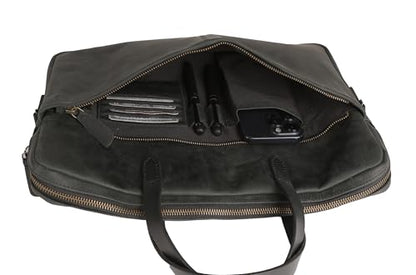 KomalC Leather Laptop Sleeve 15.5" with Trolley Strap, Fits up to 16" Laptop, Slim Office Bag with Shoulder Strap - color: Black