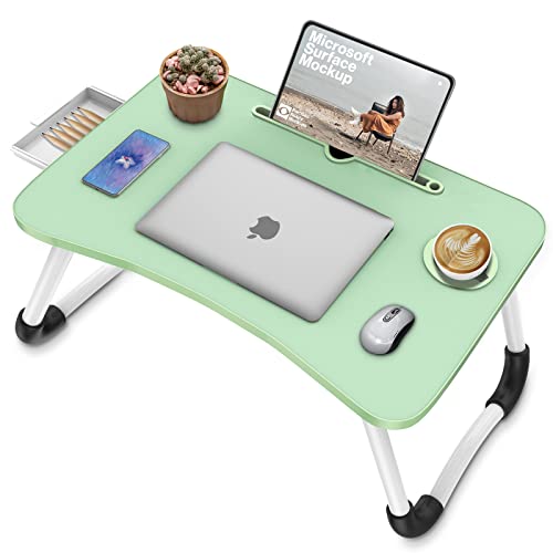 Zapuno Multi-Function Laptop Bed Table with Storage Drawer and Cup Holder, Lap Desk Stand Tray for Eating, Reading and Working - color: Green