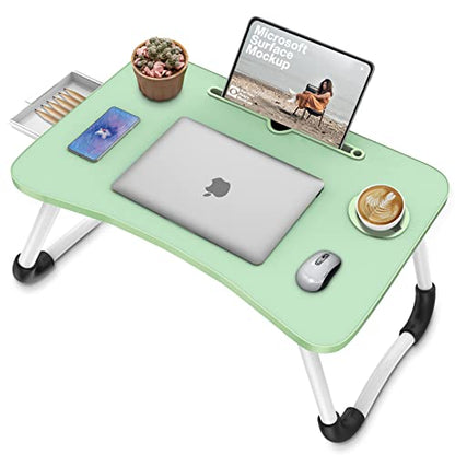 Zapuno Multi-Function Laptop Bed Table with Storage Drawer and Cup Holder, Lap Desk Stand Tray for Eating, Reading and Working - color: Green
