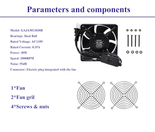 12038 Cooling Fan 12cm 120mm X 38mm AC Ball Bearing with AC Plug and Switch 110V - style: 12038 Fan AC Switch