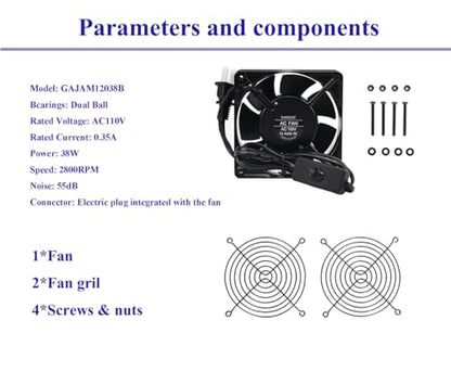 12038 Cooling Fan 12cm 120mm X 38mm AC Ball Bearing with AC Plug and Switch 110V - style: 12038 Fan AC Switch