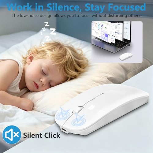 Silent Bluetooth Wireless Mouse with Jiggler, Rechargeable Portable Mouse for MacBook, iPad, Laptop & PC, Dual Mode BT5.2 and 2.4G, USB-C/USB-A Receiver, Adjustable DPI Compact Travel Mouse -White - color: White