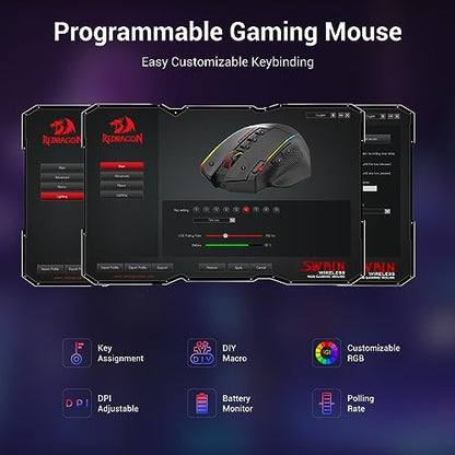 Redragon Wireless Gaming Mouse, Ergonomic Mouse 16000 DPI with Rapid Fire Key, 9 Macro Buttons, 170-Hour Durable Power Capacity and RGB Backlight Wired/Wireless Mouse for Laptop/Mac/PC - color: Deep black