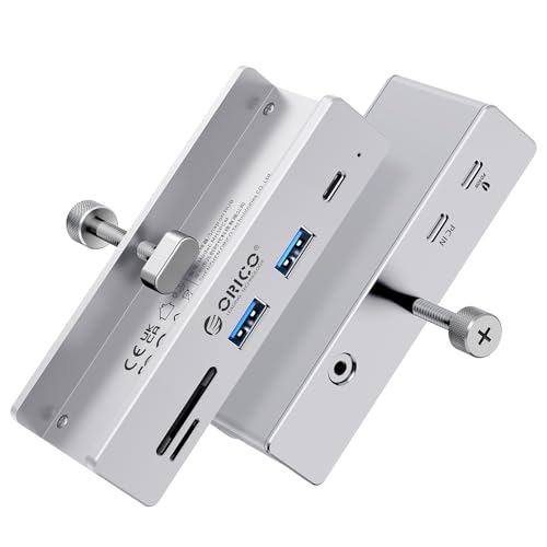 ORICO USB Hub 3.2, USB-Hub Clamp with Type-C PD 60W Port, 10Gbps Aluminum 6-Port USB Extender with 2 USB-A 3.2 Ports, USB-C 3.2, SD/TF Card Reader 3.0, AUX, USB-3.2 Splitter for Monitor, Desk - color: Silver