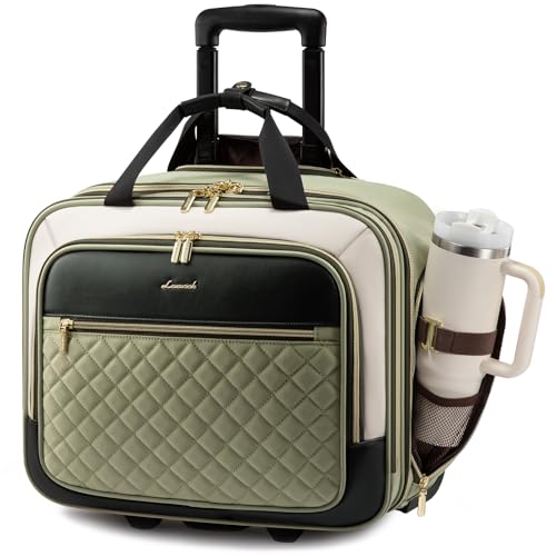 LOVEVOOK Rolling Laptop Bag for Women, Underseat Carry On Bag with Wheels | Fits 17.3 Inch Laptop, 30L Capacity, Silent Wheels, Rolling Briefcase, Carry On Luggage, Personal Item for Work Travel - color: Green-beige