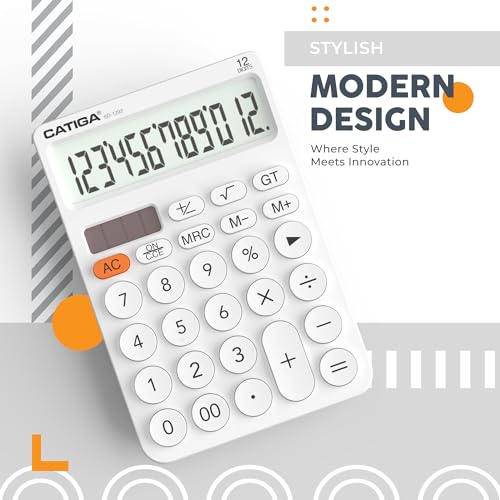 CATIGA 12 Digit Desktop Calculator Basic Desk Calculator with Large LCD Display, Big Buttons, 4 Function, Solar and Battery Dual Power, for Office, School, Home, SD-1292 White - color: 4) White