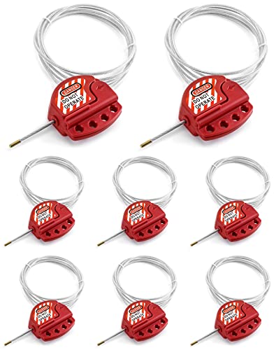 QWORK Lockout Tagout Cable Lock, 8 Pack Adjustable Steel Vinyl Coated Cable Lockout, 3/16" Diameter, 5.9' Length, Red