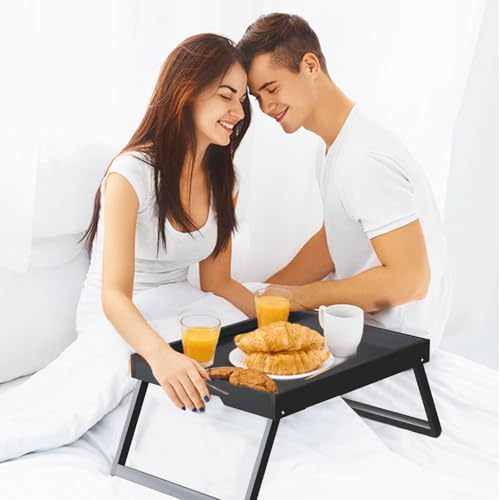 Bamboo Bed Tray Table with Folding Legs, Medium, Black | FSC-certified bamboo bed tray with folding legs, handles and raised edges for meals, reading, laptops and serving in bed. - color: Black, size: Medium