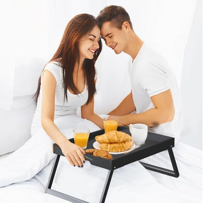 Bamboo Bed Tray Table with Folding Legs, Medium, Black | FSC-certified bamboo bed tray with folding legs, handles and raised edges for meals, reading, laptops and serving in bed. - color: Black, size: Medium