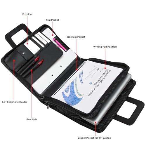 14" Laptop Briefcase, Vegan Leather Portfolio with Zipper Compartments x 2, A4 Papers Holder Padfolio Organizer - color: Black