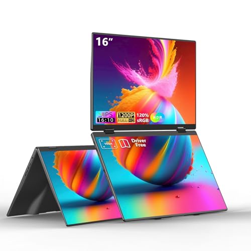 16" Foldable Laptop Screen Extender, Dual Portable Monitors. | 1200P, Plug & Play, All-Metal, Ultra Slim, Extend/Mirror/Splicing/Flip Mode, USB-C/HDMI, Low Blue Light, Speaker, for Win/Mac - size: 16" Foldable Monitor