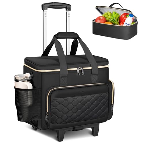 Ytonet Rolling Teacher Bag with Insulated Lunch Carrier, 15.6" Rolling Laptop Bag with Detachable Dolly, Underseat Travel Bag Roller Briefcase for Women Roller Tote Bags for Teacher Work Office Craft - color: Pure Black | with Lunch Box, size: Large