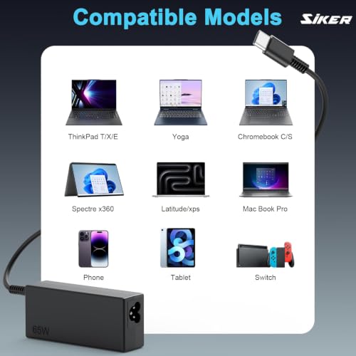 SiKER 65W USB-C Laptop Charger for Lenovo ThinkPad | X1 Carbon, X13, T14, T14s, E14, L15, Yoga 7i/9i, C930, ThinkBook 13s/14/15/16, Chromebook C330/S330, travel design - color: black7