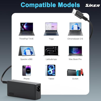 SiKER 65W USB-C Laptop Charger for Lenovo ThinkPad | X1 Carbon, X13, T14, T14s, E14, L15, Yoga 7i/9i, C930, ThinkBook 13s/14/15/16, Chromebook C330/S330, travel design - color: black7
