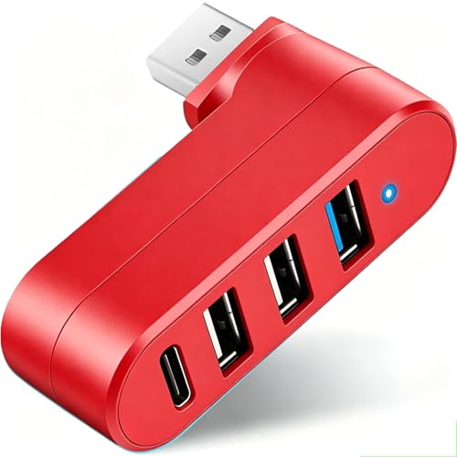 VIENON 4-Port USB 3.0 Hub [90°/180° Degree Rotatable], USB Splitter with PD-in 5W USB C Port, USB Extender for Laptop, Car, iMac, MacBook Air, MacBook Pro, and More（Red - color: Black