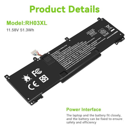 11.58V 51.3Wh RH03XL RH03XL-L Laptop Battery for HP EliteBook 640 G9 G10/650 G10/655 G10 Probook 440 G10/445 G10 G11/450 G9 G10/455 G10/460, TPN-DB0L,TPN-DB0T,TPN-IB0A,TPN-IB0K,TPN-IB0L,TPN-IB0P - size: 10*2.99*0.24inch RH03XL