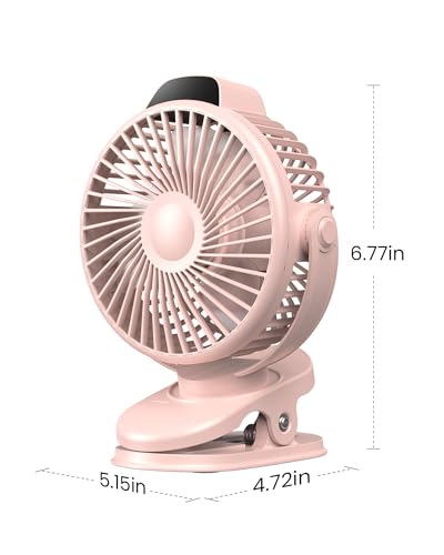 Koonie Portable Clip-On Fan, Small Rechargeable Battery Operated, 3 Speeds | Pink Mini Clamp Fan With LED Display, 360° Rotate Personal Cooling Desk Fan for Stroller Bed Travel Camping Golf Gym - color: pink