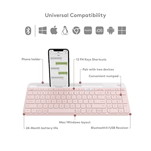Logitech K585 Slim Wireless Keyboard with Built-in Phone Cradle - Rose | Bluetooth with included USB receiver, connects 2 devices, cradle can hold smartphone or tablet up to 10 in. in landscape mode - color: Rose