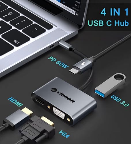 USB C to HDMI VGA Adapter for Dual Monitor, 4 in 1 USB C Hub with 4K HDMI, 1080P VGA, USB 3.0 5Gbps, 100W PD Compatible for MacBook Air/Pro, Dell XPS, Surface, iMac More - style: 4-in-1