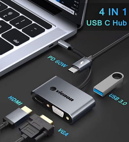 USB C to HDMI VGA Adapter for Dual Monitor, 4 in 1 USB C Hub with 4K HDMI, 1080P VGA, USB 3.0 5Gbps, 100W PD Compatible for MacBook Air/Pro, Dell XPS, Surface, iMac More - style: 4-in-1