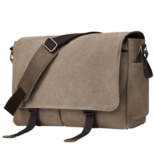 Messenger Bag for men Laptop Bag UnisexRetro Canvas Bag14-15.6 inches Casual single shoulder bag For Work College Travel - color: Brown