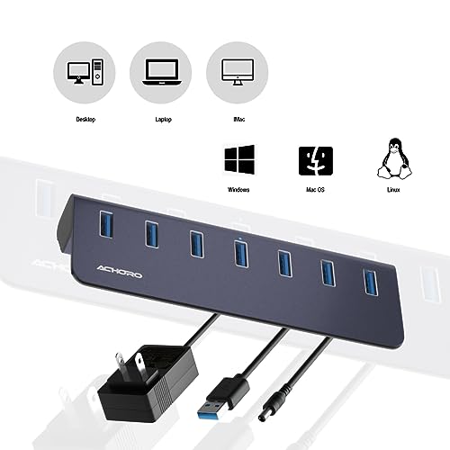 10Gbps Powered USB 3.2 Gen 2 Hub, Aluminum 7-Port USB Expander with USB-A and USB-C for Computer, Mac, PC, Smartphone, Tablet