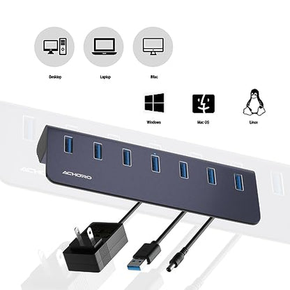 10Gbps Powered USB 3.2 Gen 2 Hub, Aluminum 7-Port USB Expander with USB-A and USB-C for Computer, Mac, PC, Smartphone, Tablet