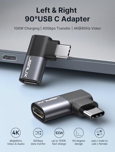 JSAUX 90 Degree USB C Male to Female Adapter 2-Pack, 100W 40Gbps | Left and right angle adapter helps reduce cable strain while supporting 100W charging, 40Gbps transfer, and 4K/60Hz video - color: Grey, size: Flat Right Angle-2 Pack