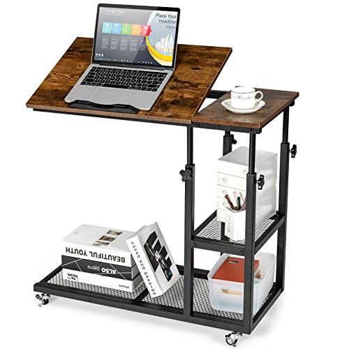 Tangkula Height Adjustable C Shaped End Table with Lockable Wheels, Mobile Couch Desk Table with Tiltable Table Top, Sofa Bedside Laptop Stand TV Tray with Storage Shelves, Snack Side Table - color: Rustic Brown