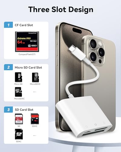 SD Card Reader USB C for iPhone 15/Android Phone/iPad/Mac/Laptop, Three Card Slot Micro SD Card Reader Supports SD Micro SD CF Card, Digital Camera Viewer Memory Card Reader Plug and Play - color: Matte White