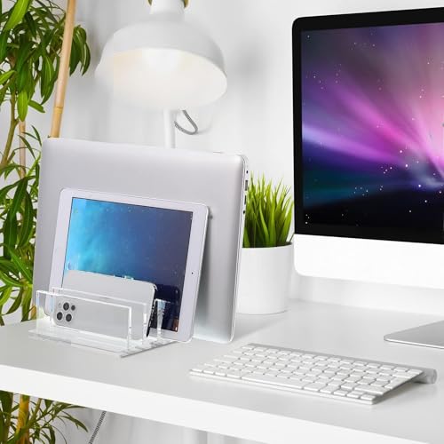 Frienda 1 Piece 4-Compartment Acrylic Vertical Laptop Stand, Can Accommodate with a Thickness of Less Than 2 cm, Fits Most Laptop (Clear) - style: Clear