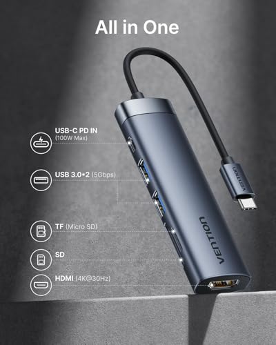 VENTION USB C Hub, 6-in-1 Laptop Docking Station Dongle Adapter with 4K HDMI, PD 100W Charging, USB 3.0 Ports, SD/TF Card Reader, Portable Aluminum Plug & Play for MacBook Pro, Laptop/HP/DELL