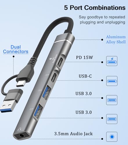 USB C Hub USB 3.0 Hub with 3.5mm Headphone Aux Jack, 5-in-1 USB C to USB Adapter USB C Splitter with 15W PD, USB 3.0, USB 2.0, USB C Ports, USB C Dongle for MacBook Air/Pro,XPS,iMac,iPad Pro