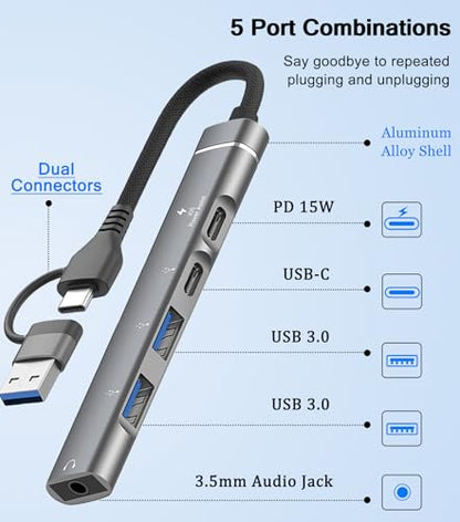 USB C Hub USB 3.0 Hub with 3.5mm Headphone Aux Jack, 5-in-1 USB C to USB Adapter USB C Splitter with 15W PD, USB 3.0, USB 2.0, USB C Ports, USB C Dongle for MacBook Air/Pro,XPS,iMac,iPad Pro