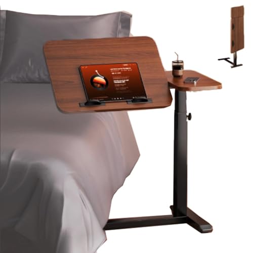 Wooden Side Table for Couch C Shaped Bed Table Rolling Laptop Table Adjustable Overbed Table Folding Nightstand with Tilting Top(Walnut+Black) - color: Walnut+black