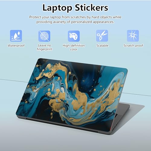 Universal Laptop Skin Sticker with 2 Wrist Pad Skins, Waterproof Scratch Resistant Vinyl Laptop Cover Decal, Cut to Fit for 11–15.6 Inch MacBook HP Dell Lenovo, Golden Blue Marble - color: Golden Blue Marble