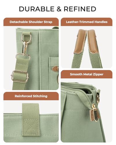 Tuwubi Canvas Tote Bag for Women, Large Tote Bag with Zipper & Compartments for Travel Work College Teacher Nurse - color: Muted Green