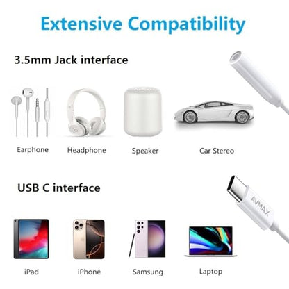 AVMAX USB C to 3.5mm Audio Headphone Adapter HiFi 2 Pack,Type c to Aux Female Cable for 16 15 Plus, S24 S23 S22 S21 S20 and More Type c Devices(Classic white2) - style: Classic White2