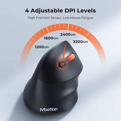 MEETION Wireless Ergonomic Vertical Mouse, Bluetooth & 2.4G, Large | Connects up to 3 devices with dual Bluetooth 5.3 and 2.4G, adjustable 1200-3200 DPI, designed for large hands, Windows/Mac/PC - color: Right Black Batt