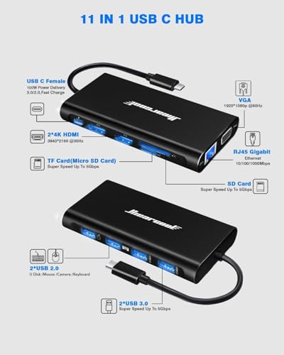 Hiearcool USB C Docking Station, 11-in-1 Dock, HDMI, VGA, Ethernet, Black - color: Carbon Black