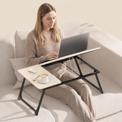 Laptop Bed Desk, 5-Angle Adjustable Bed Laptop Table with Cup Holder | Foldable Laptop Stand for Couch & Sofa, Portable Laptop Tray for Adults Writing Reading Eating, Beige - color: Beige