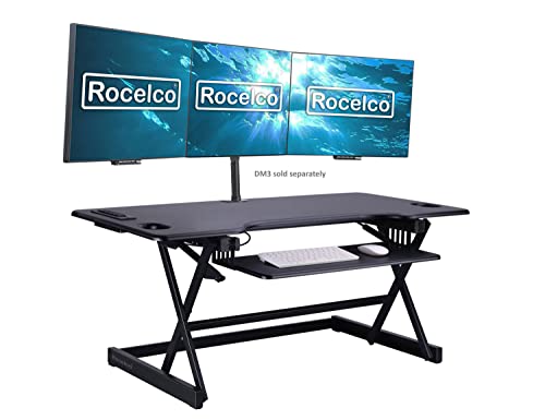 Rocelco 46" Height Adjustable Standing Desk Converter - Desktop AC USB Charger - Sit Stand Up Triple Monitor Riser - Tall Computer Workstation - Retractable Keyboard Tray - Black (R DADRB-46-ACUSB) - color: Black Acusb, size: 46", style: Riser Only