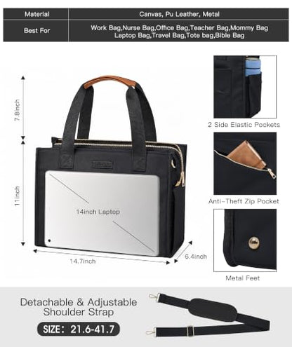 MeZQ Canvas Tote Bag for Women,14-Pockets Work Laptop Tote Large Office Crossbody | Teacher Nurse College with Strap & Zipper - color: Black